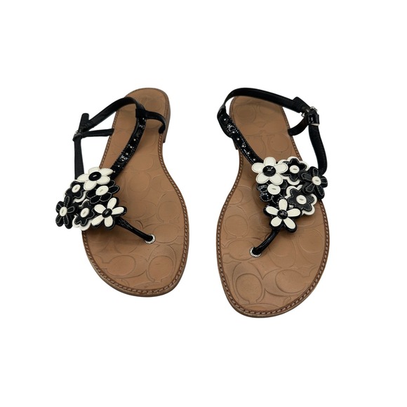 Coach Black White Flower Sandals Thong Strap Adjustable Size 10B - Picture 1 of 12
